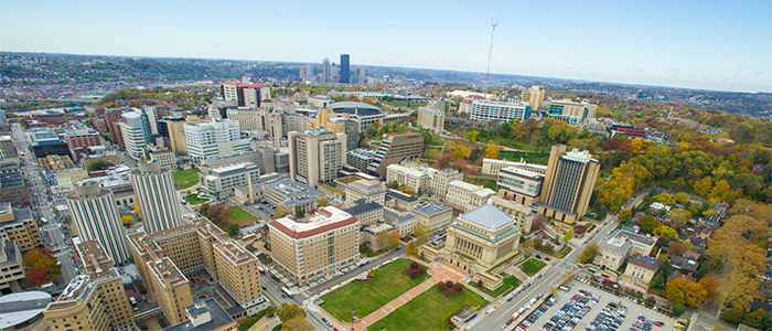 Aerial view of Pitt's Oakland campus.